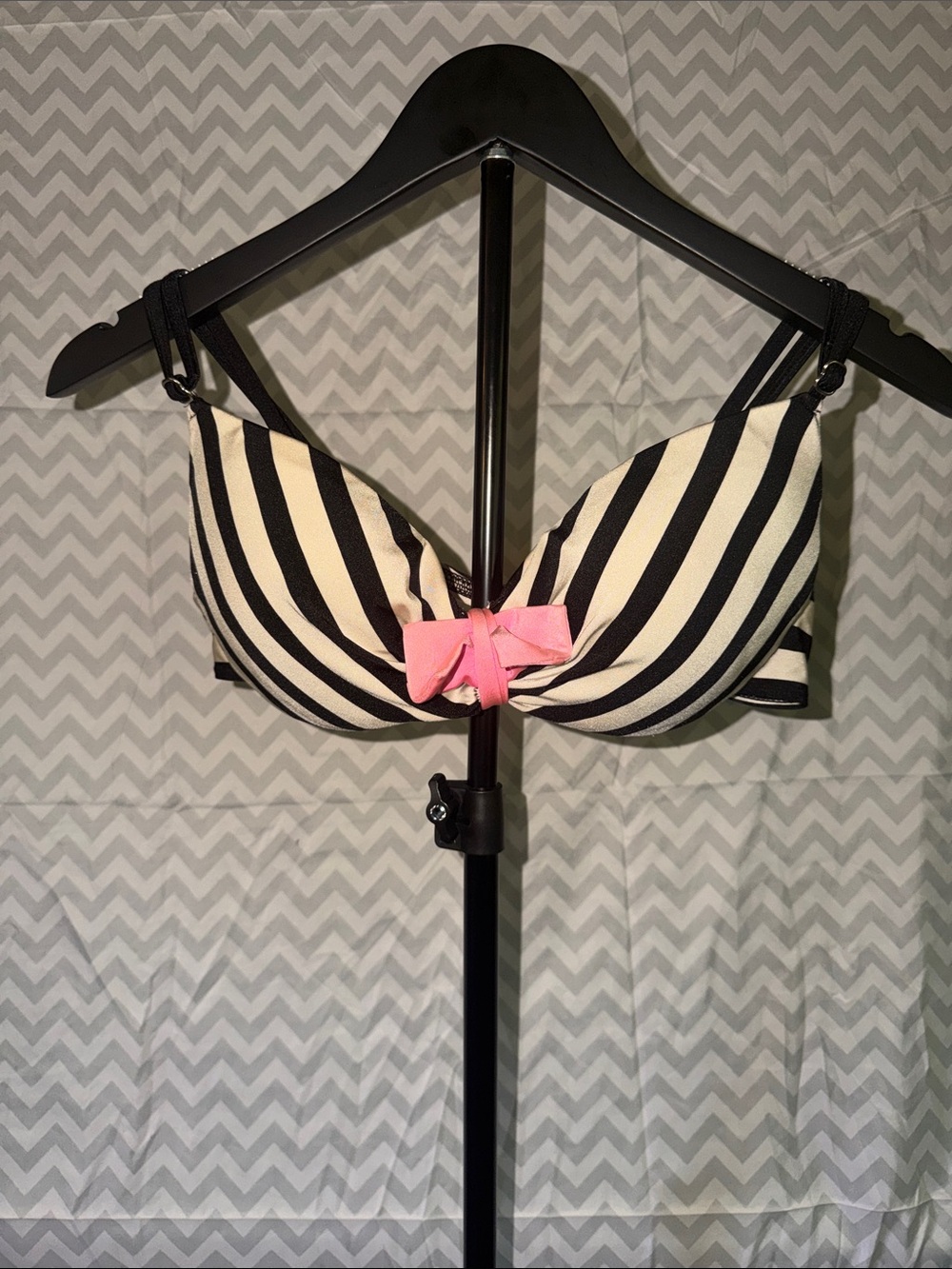 Black & White Striped Bikini Top with Pink Bow